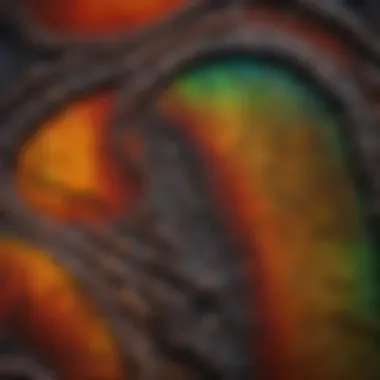 Close-up view of the intricate patterns in ammolite stone