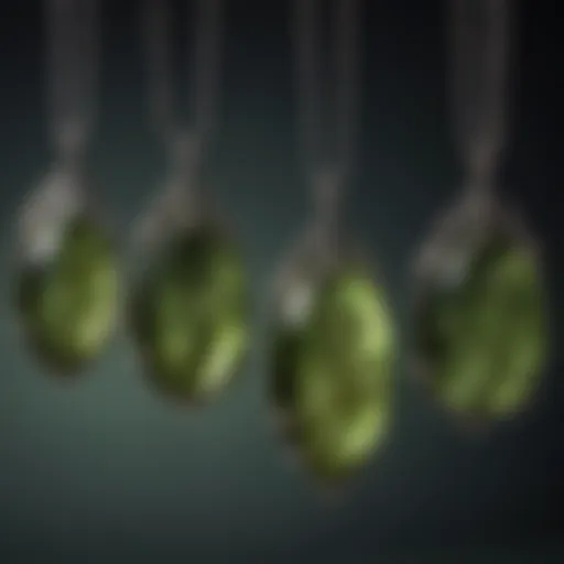 An elegant display of certified moldavite pendants showcasing their unique green hue and intricate shapes