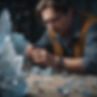 A crystal collector examining light blue crystals with tools.