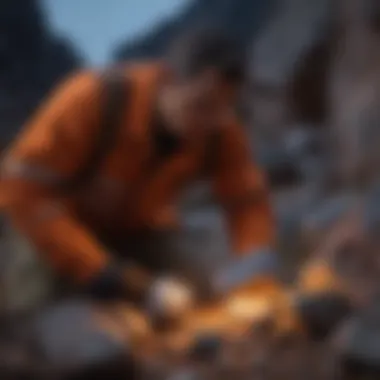 A close-up view of a rock collector examining a specimen with a UV flashlight, revealing hidden mineral properties.