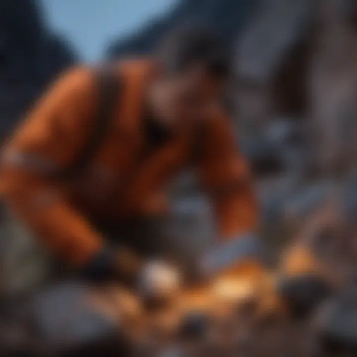 A close-up view of a rock collector examining a specimen with a UV flashlight, revealing hidden mineral properties.