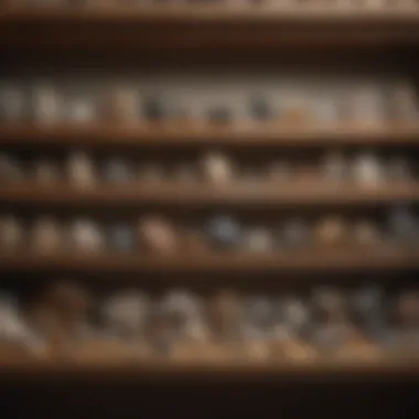 A well-organized rock collection displayed on a wooden shelf