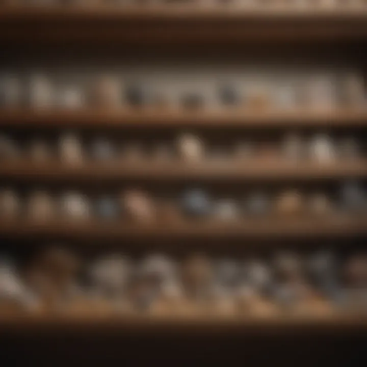 A well-organized rock collection displayed on a wooden shelf