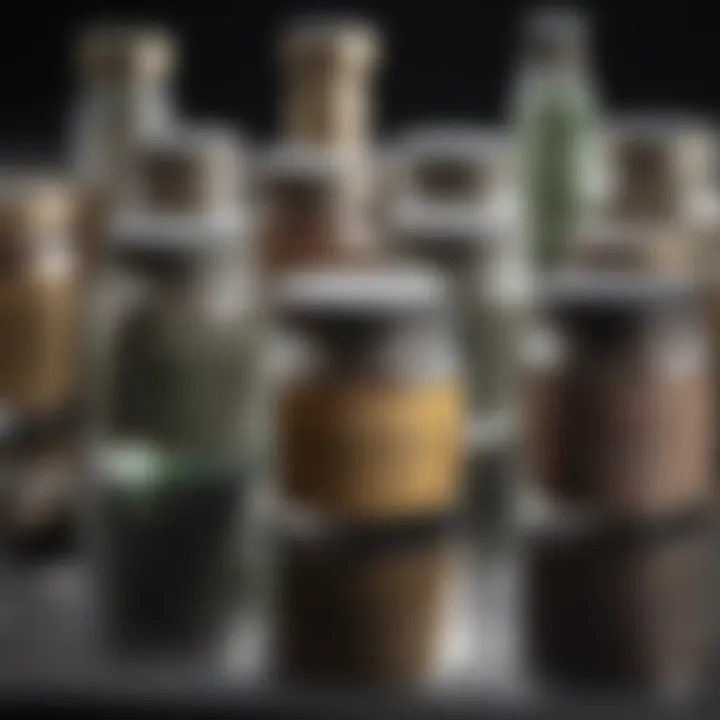 An organized selection of polishing compounds in jars