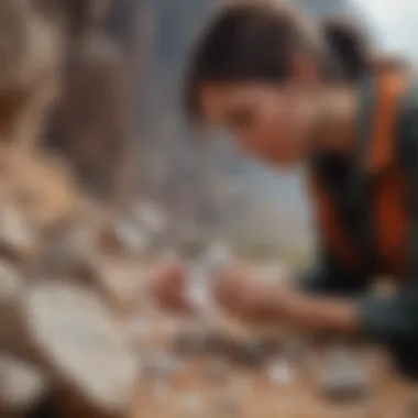 A geologist examining a crystal specimen in a natural setting, emphasizing the scientific aspect of crystal studies