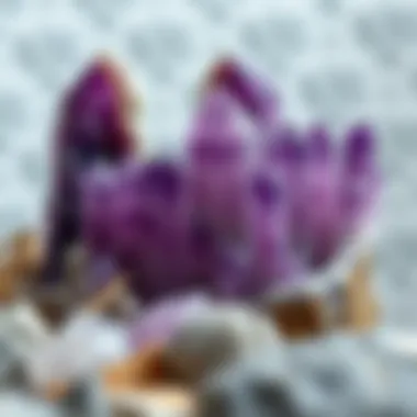 Display of tall amethyst crystals in a cultural context, emphasizing their significance
