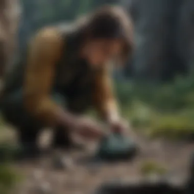 Geologist examining a dark green rock sample under natural light