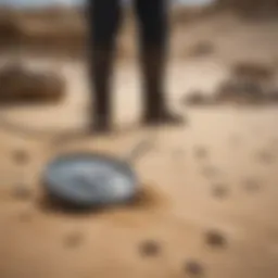 A close-up of a metal detector scanning a sandy beach
