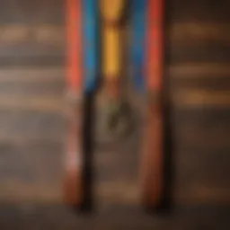 Vibrant dinosaur suspenders displayed on a wooden background