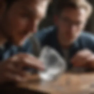 Close-up of a customer carefully examining a crystal for purchase.