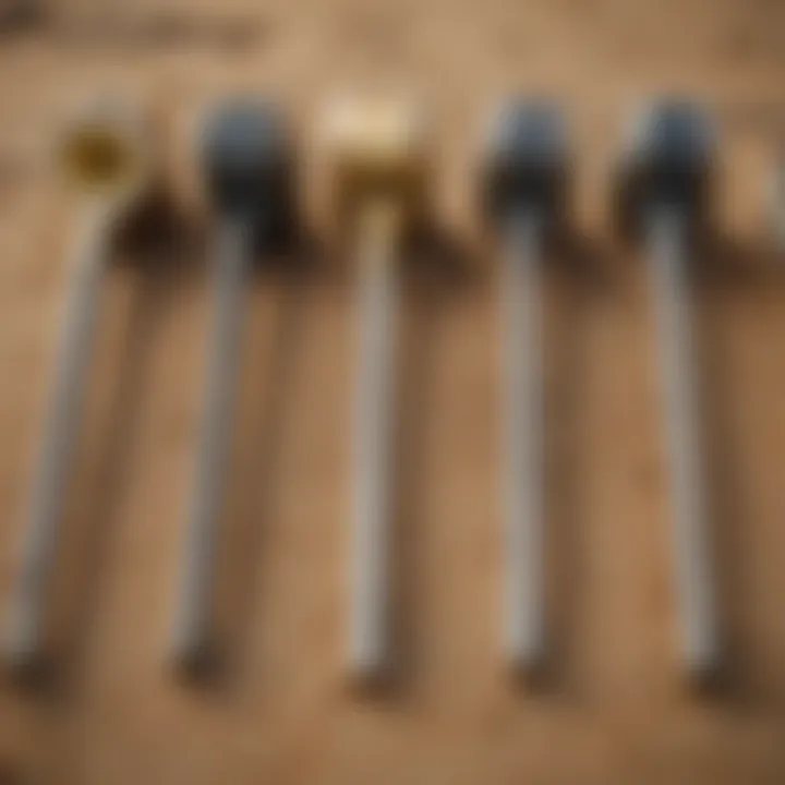 Different types of metal detectors lined up for comparison.