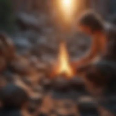 Historical representation of early humans using rocks for fire.