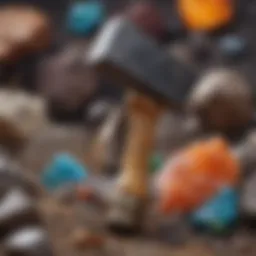 A high-quality rock hammer resting on a collection of colorful minerals