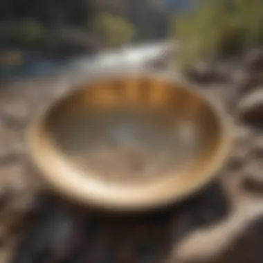 A beautifully designed gold pan resting on a rocky riverbed