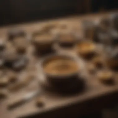 A collection of different gold panning tools displayed on a wooden table