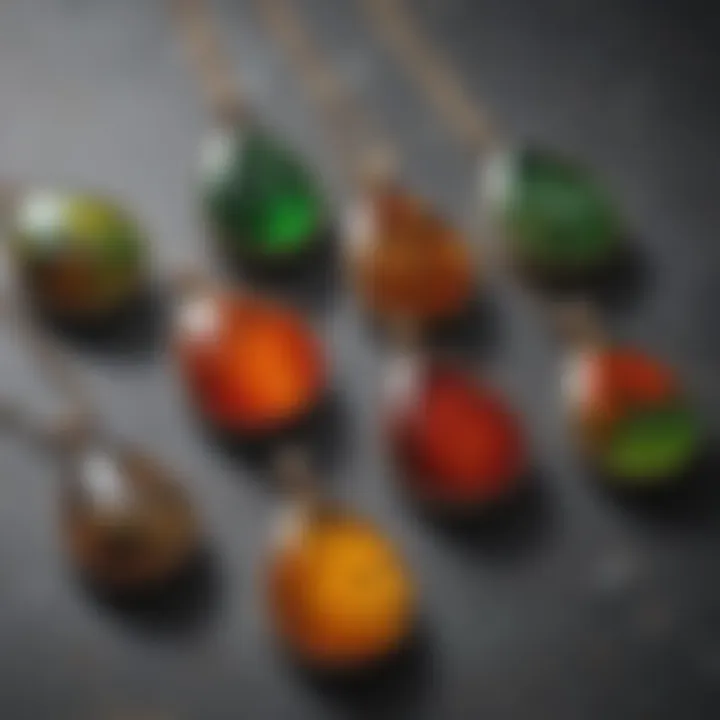 Display of various ammolite pendants emphasizing their uniqueness