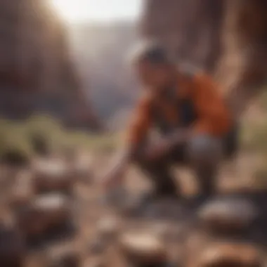 A geologist examining mineral specimens in the field