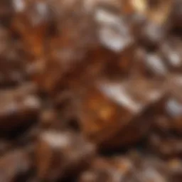 Close-up view of a brown crystal rock showcasing its intricate patterns and textures.