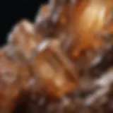 Close-up view of brownish quartz crystal highlighting its unique color and texture.