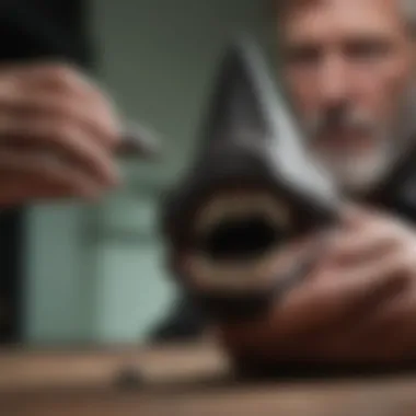 Collector examining an authentic megalodon shark tooth