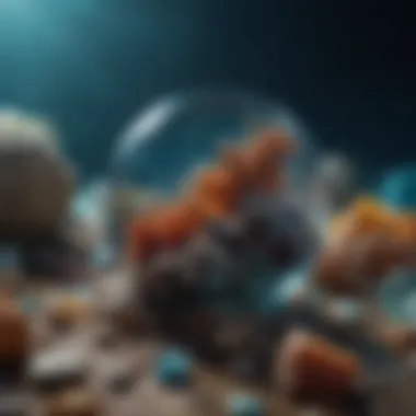 An underwater scene showcasing various marine gemstones on the ocean floor