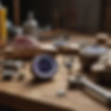 Essential tools for geode breaking laid out on a workbench