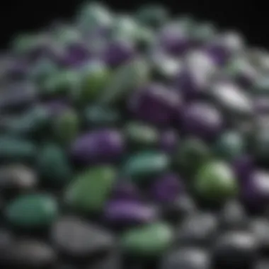 An artistic arrangement of both green and purple stones against a dark backdrop.