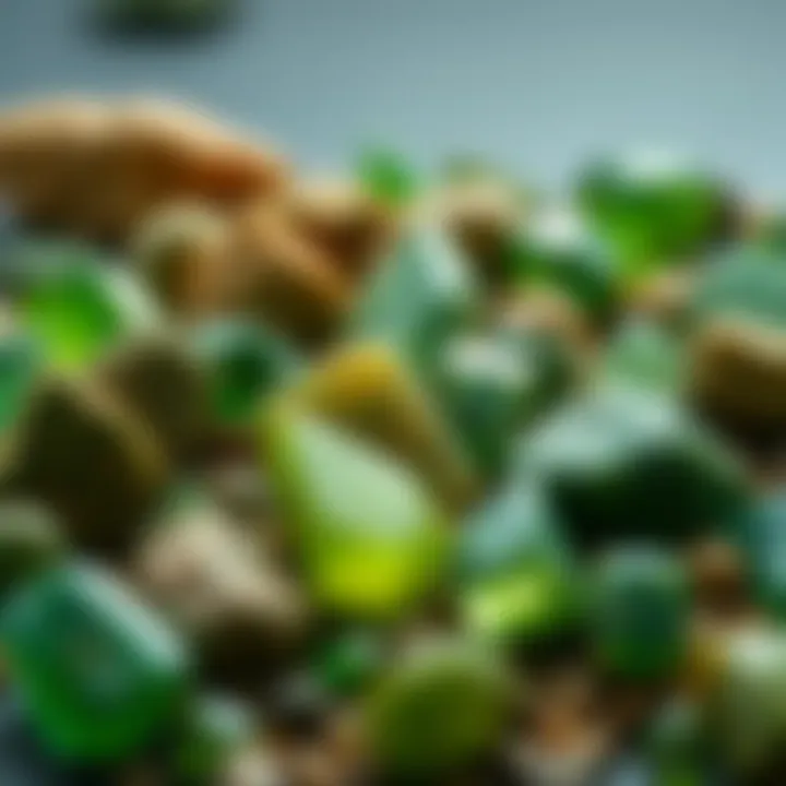 A beautifully arranged collection of green gemstones and rocks for display