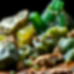 A close-up view of a variety of green minerals showcasing their textures and patterns