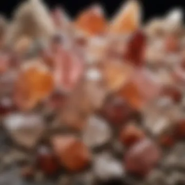 Diverse Hematoid Quartz Collection A collection of hematoid quartz specimens displayed in a natural setting.