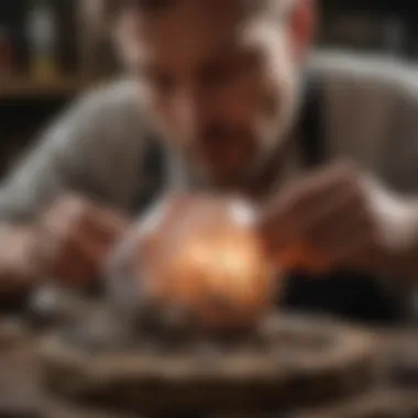 Artisan Crafting Hematoid Quartz An artisan delicately carving a piece of hematoid quartz into a beautiful gemstone.