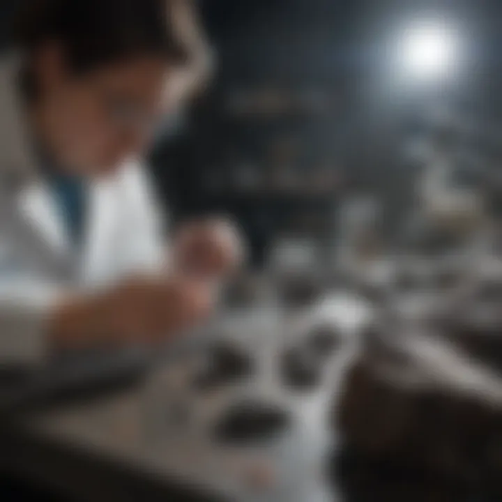 A scientist conducting research on meteorite samples in a laboratory setting.