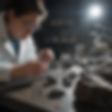 Scientific Investigation of Meteorite Samples A scientist conducting research on meteorite samples in a laboratory setting.