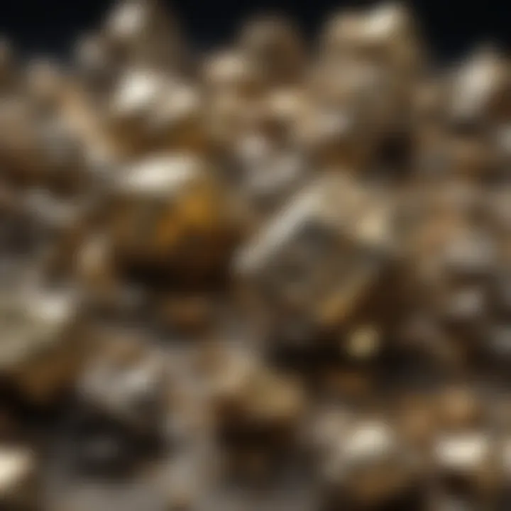 Close-up of pyrite crystals glistening like gold