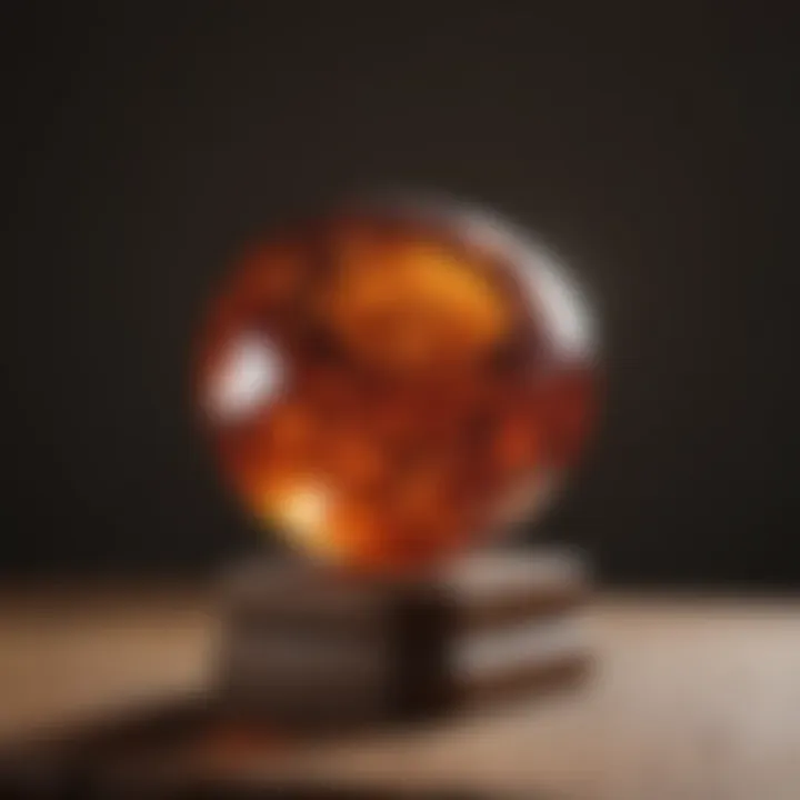 A stunning piece of orange garnet displayed on a wooden pedestal