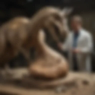 Scientific Examination of Fossil Paleontologist examining a Parasaurolophus fossil