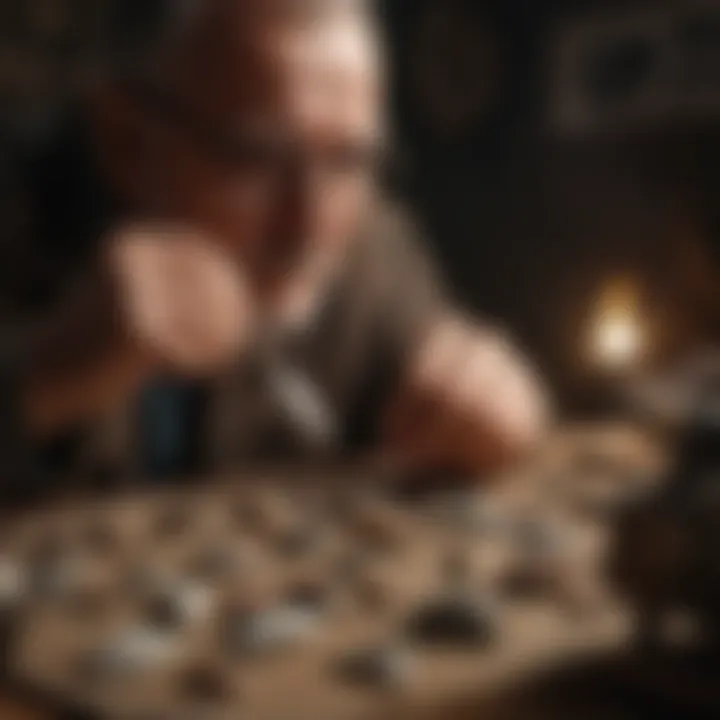 A collector examining arrowheads with a magnifying glass