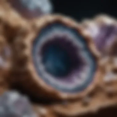 Intricate Geode Display A close-up of a geode, showcasing its stunning crystal formations and intricate details.