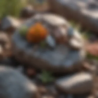 Nature-Inspired Rock Arrangement A nature-inspired decorative arrangement featuring rocks and minerals in a serene outdoor setting.
