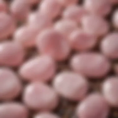 Close-up view of a cluster of polished rose quartz palm stones showcasing their natural pink hues.