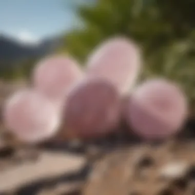 Artistic representation of rose quartz palm stones set against a serene natural backdrop.