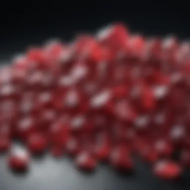 Collection display of various ruby crystals showcasing their diversity in size and cut