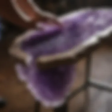 Craftsmanship Behind Amethyst Tables Artisan meticulously crafting an amethyst table, highlighting the craftsmanship involved in its creation.