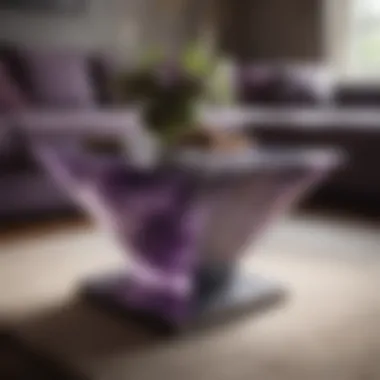 A stylish living room featuring an elegant amethyst table as the centerpiece of the decor.