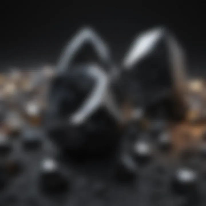 Various types of black sparkly crystals displayed artistically