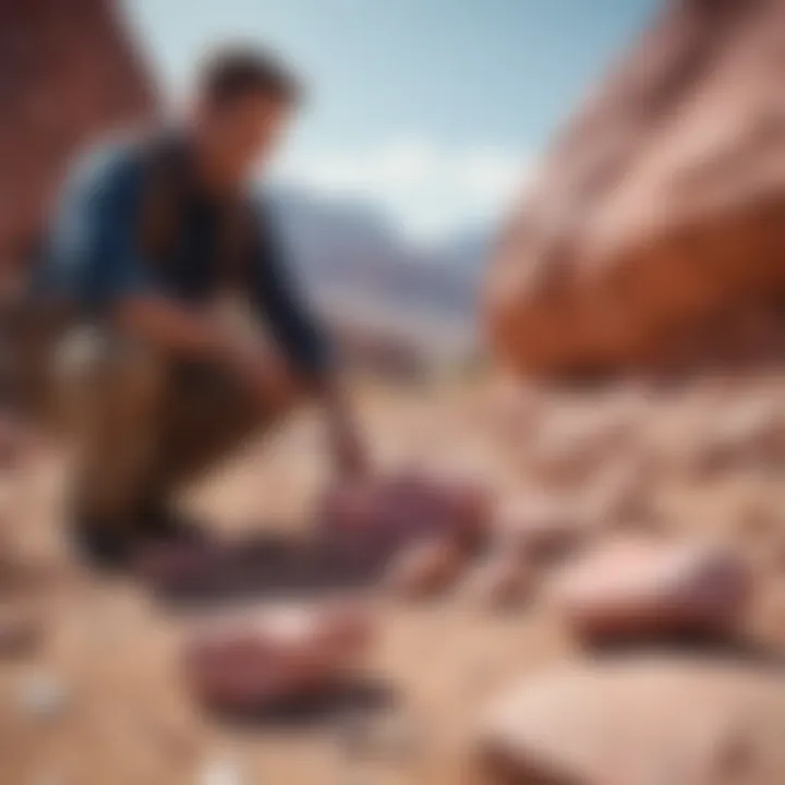 A geologist examining pinkish rocks in a natural setting, highlighting their significance