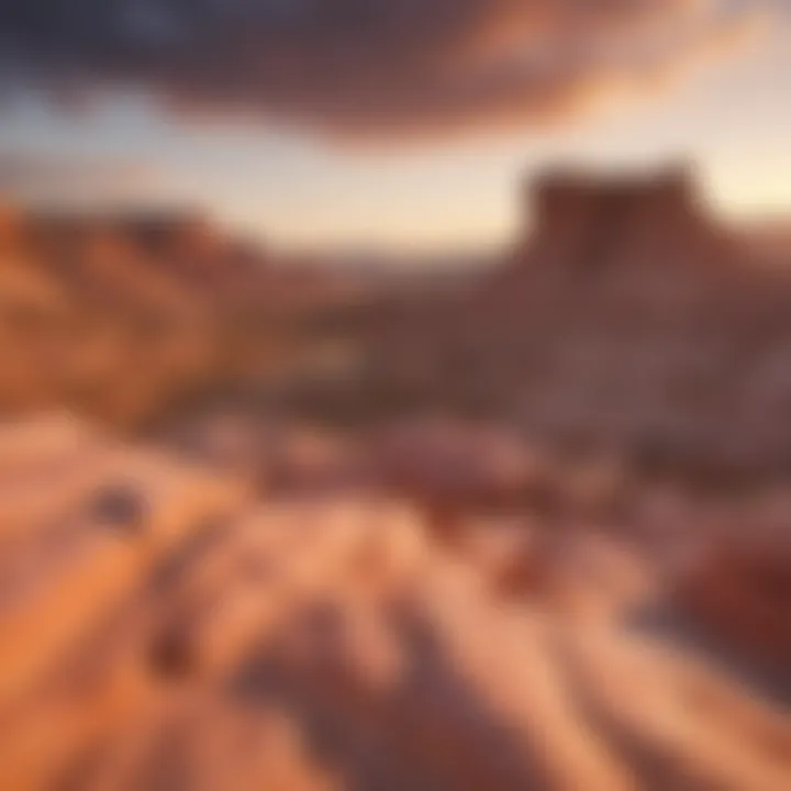 An expansive landscape featuring pinkish sandstone formations at sunset