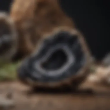 Black calcite geode in a natural setting, highlighting its geological context