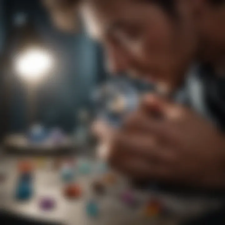 A jeweler examining gemstones under a professional light