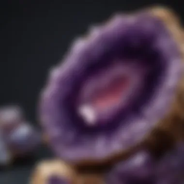 Close-up view of a purple amethyst geode showcasing its crystalline structure